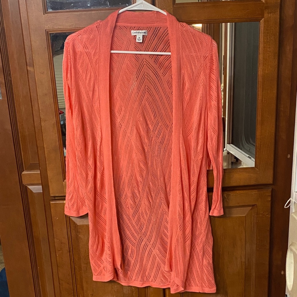 Croft & Barrow Vibrant Coral Size Medium Open Knit Cardigan Fall Spring